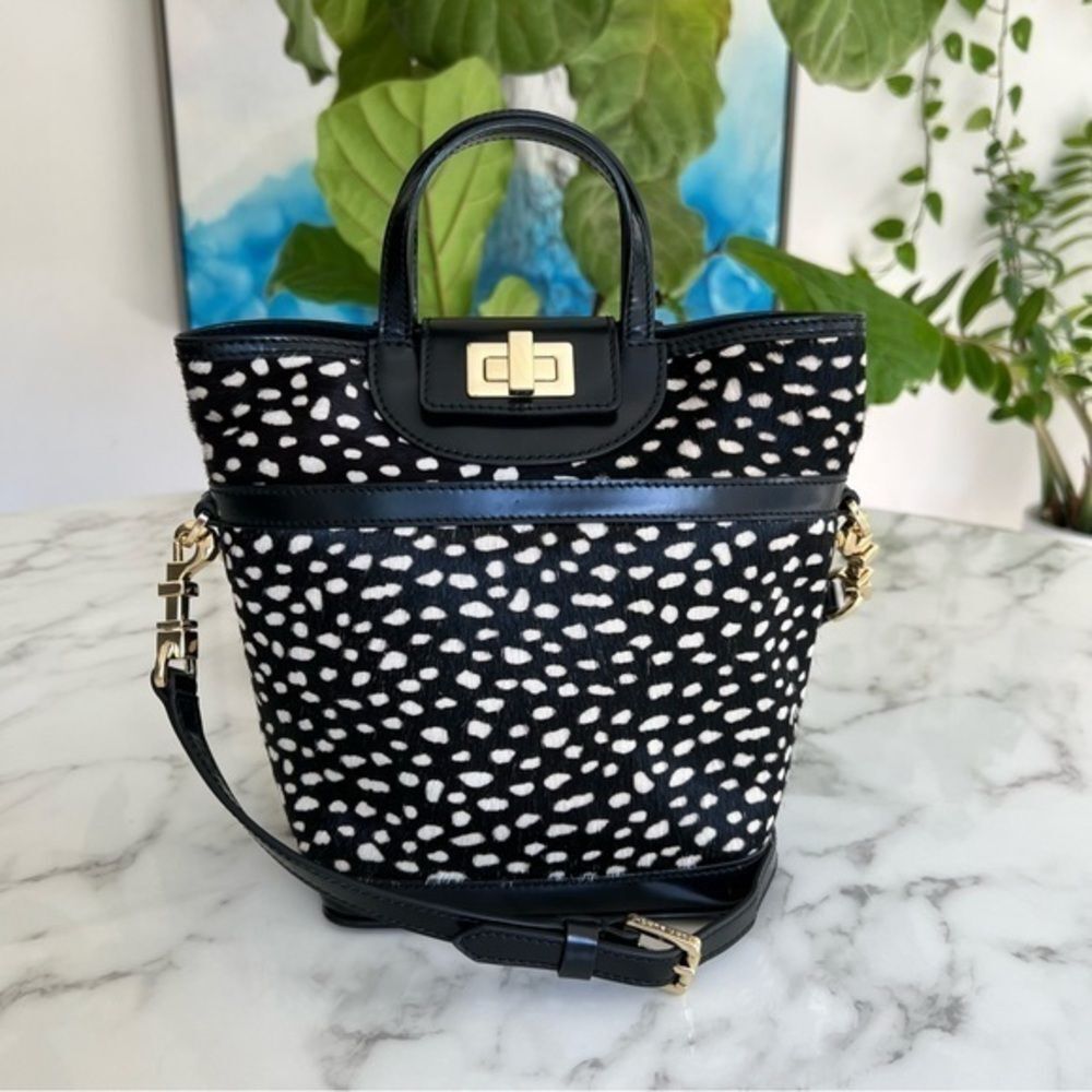 TORY BURCH Turnlock Top Handle Crossbody Small Tote Dotted Pony Calf Hair Black